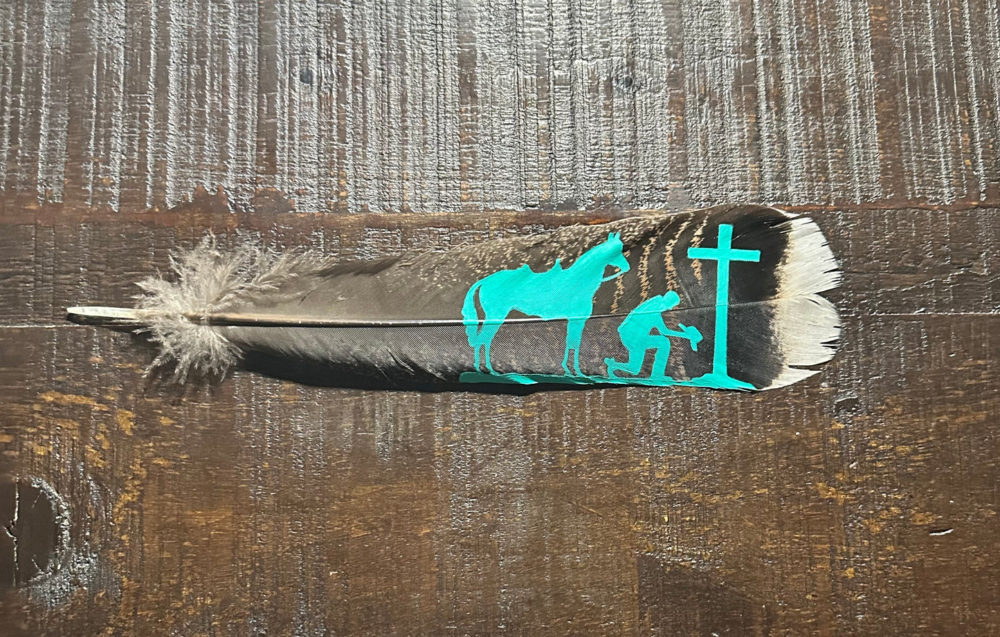 Turquoise Praying Cowboy Custom Feather
