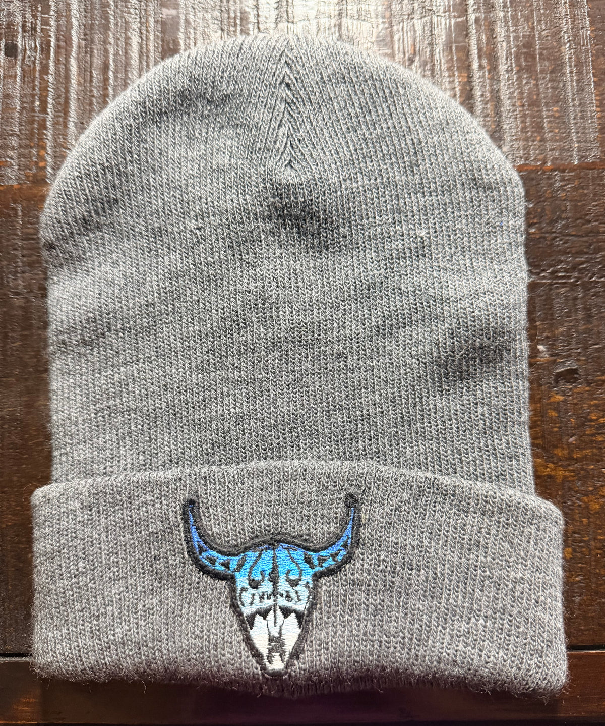 Gray Beanie with Embroidered Blue-Tone Skull Patch