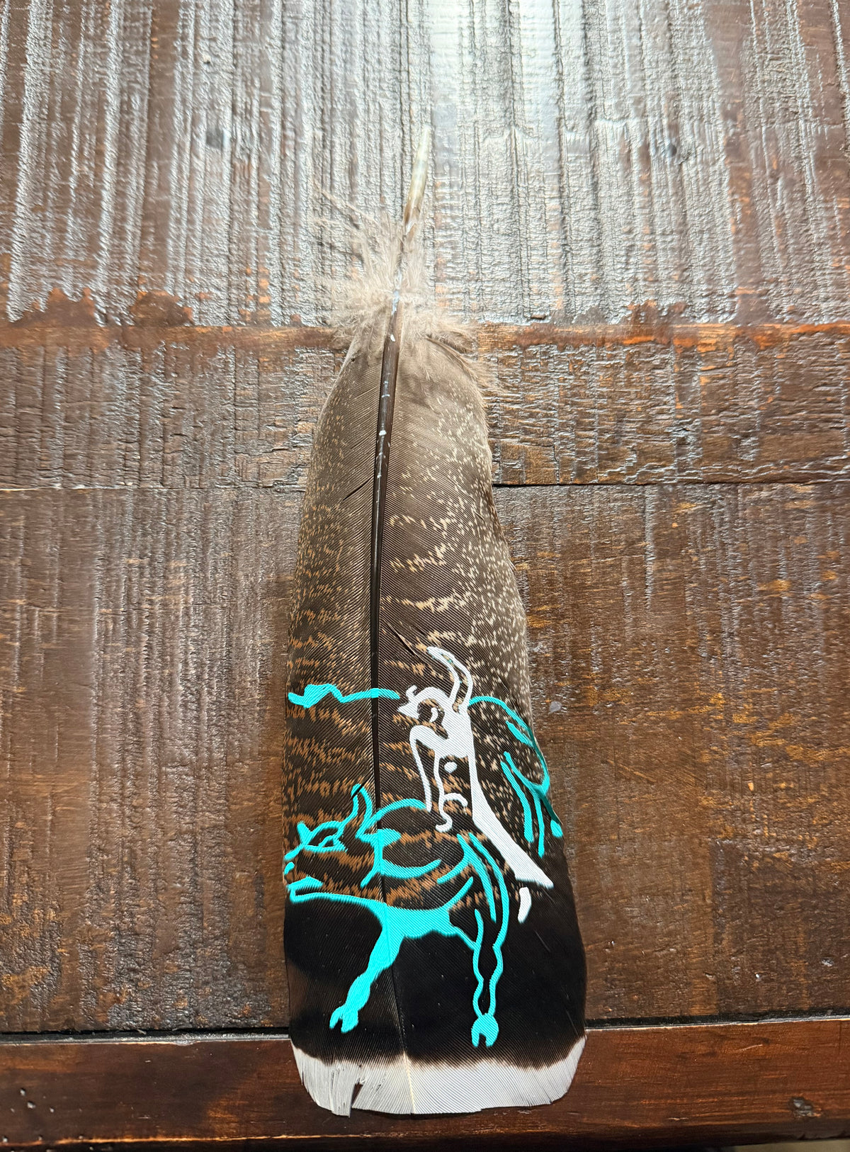 Turquoise and White Bull Riding Custom Feather
