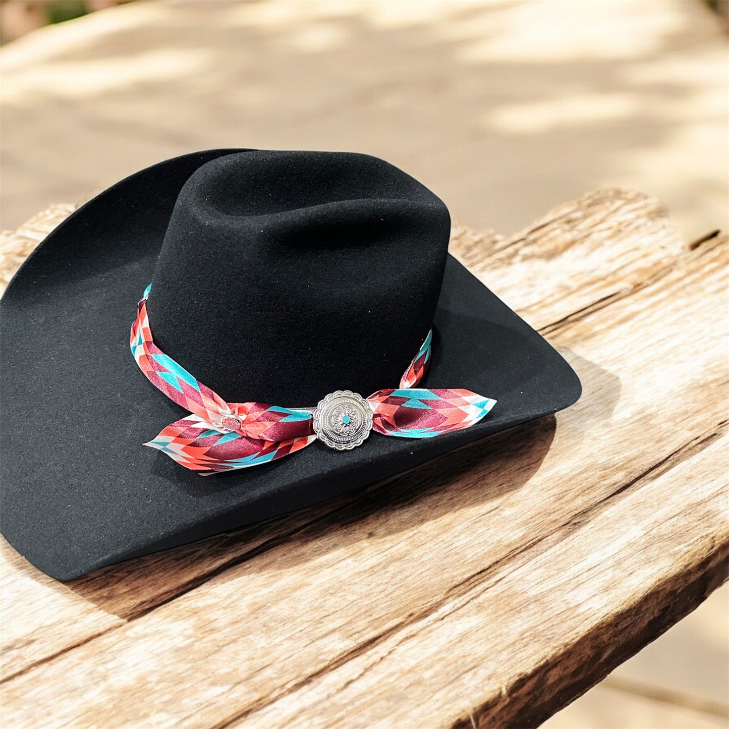 Turquoise and Burgundy Aztec Satin Hat Band
