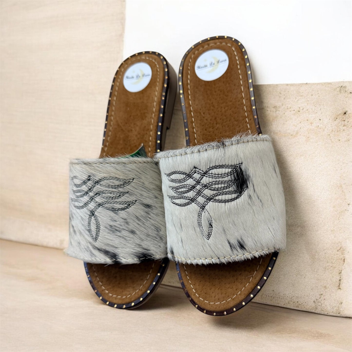 White, Black and Cream Women's Cowhide Sandals