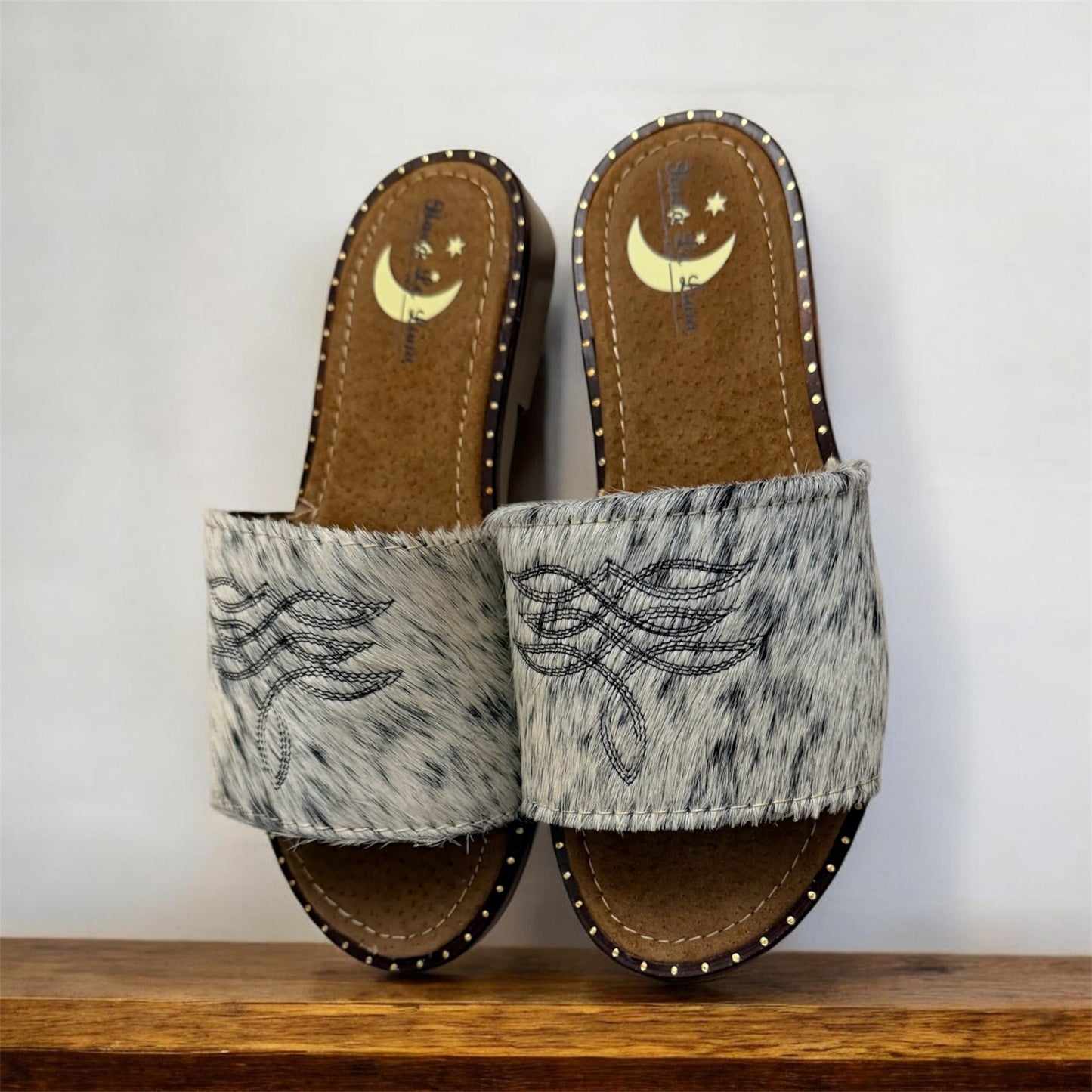White and Black Cowhide Sandals (size 6)