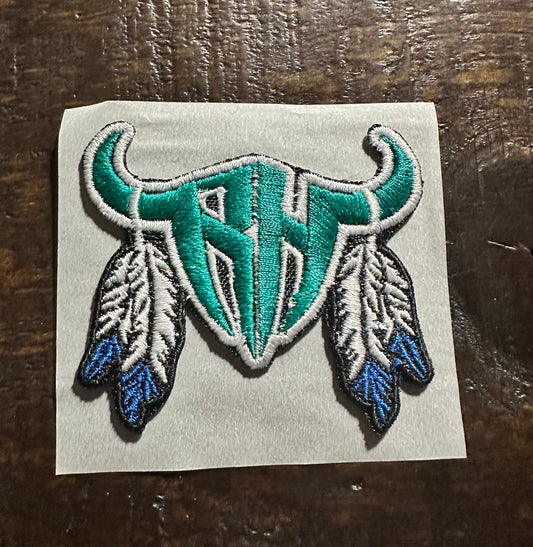 Aqua Bullhead Feathers Embroidered Hat Patch