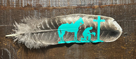 Aqua Praying Cowboy Custom Feather