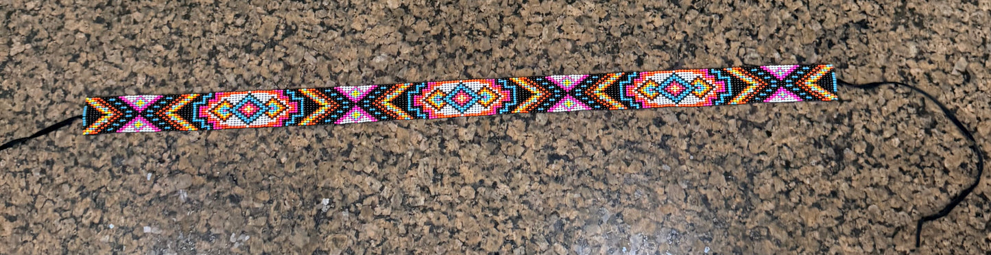 Hot Pink, Black and Turquoise Beaded Hat Band