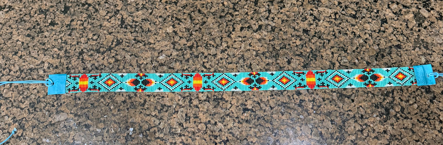 Aqua, Red and Yellow Beaded Hat Band