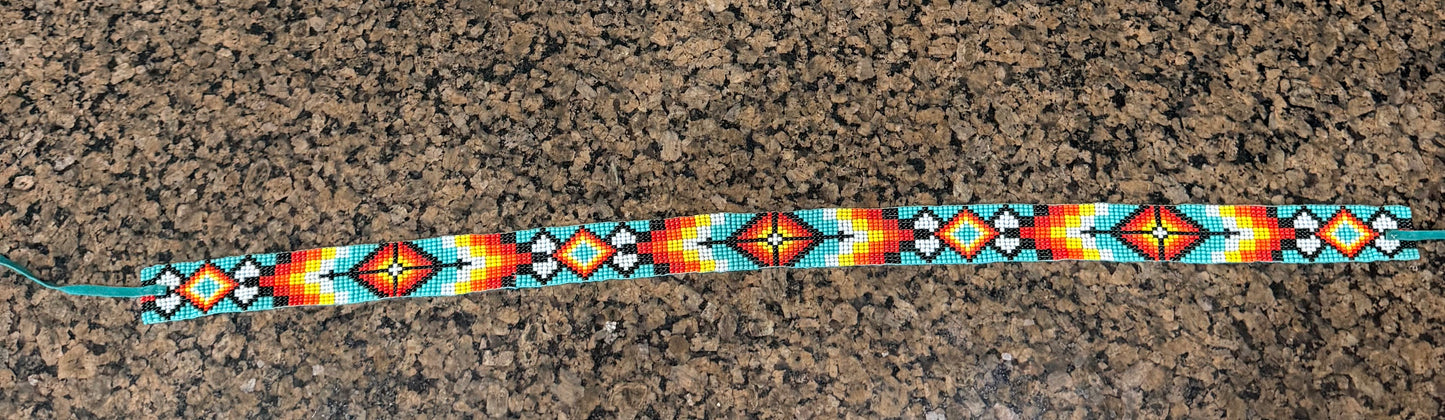 Red, Yellow and Aqua Beaded Hat Band