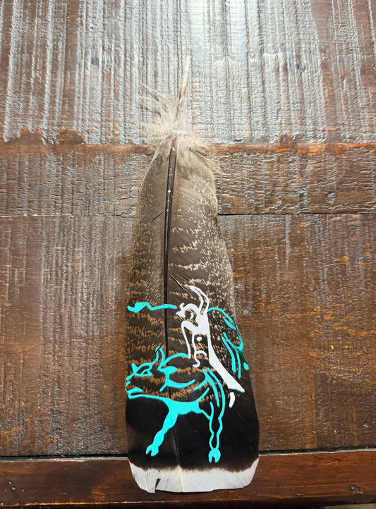 Turquoise and White Bull Riding Custom Feather