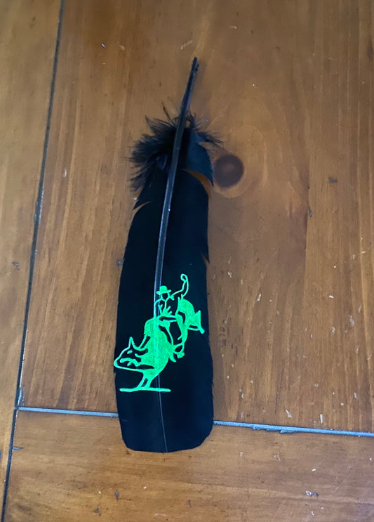 Black and Neon Green Bull Riding Custom Feather