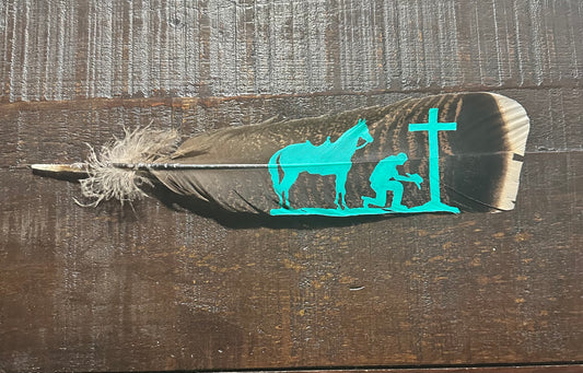 Turquoise Praying Cowboy Custom Feather