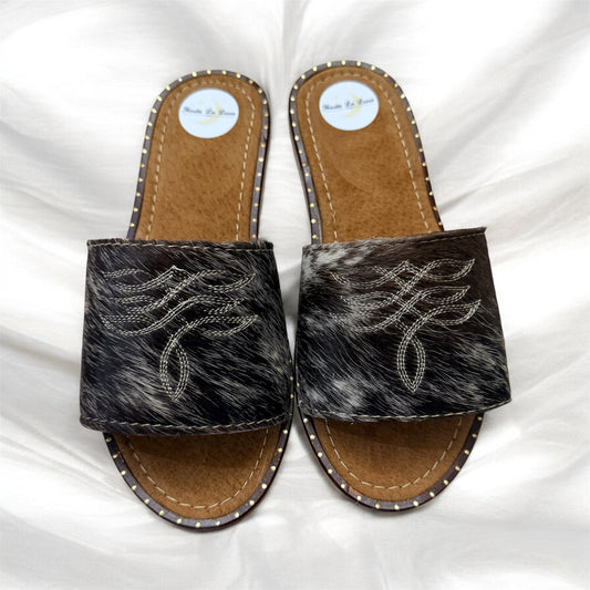Black, Dark Brown and White Women's Cowhide Sandals (size 7)