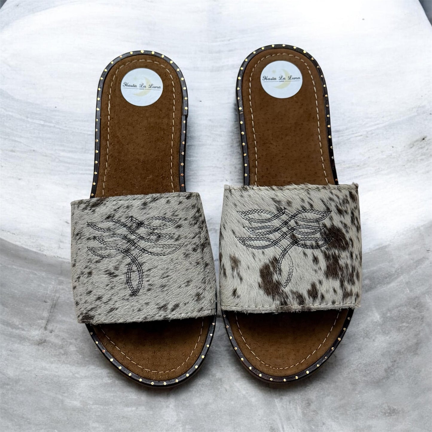 White and Brown Women's Cowhide Sandals (Size 9)