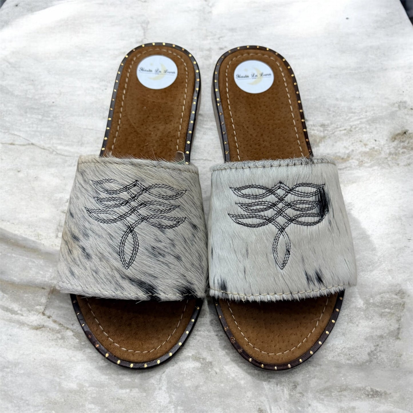 White, Black and Cream Women's Cowhide Sandals