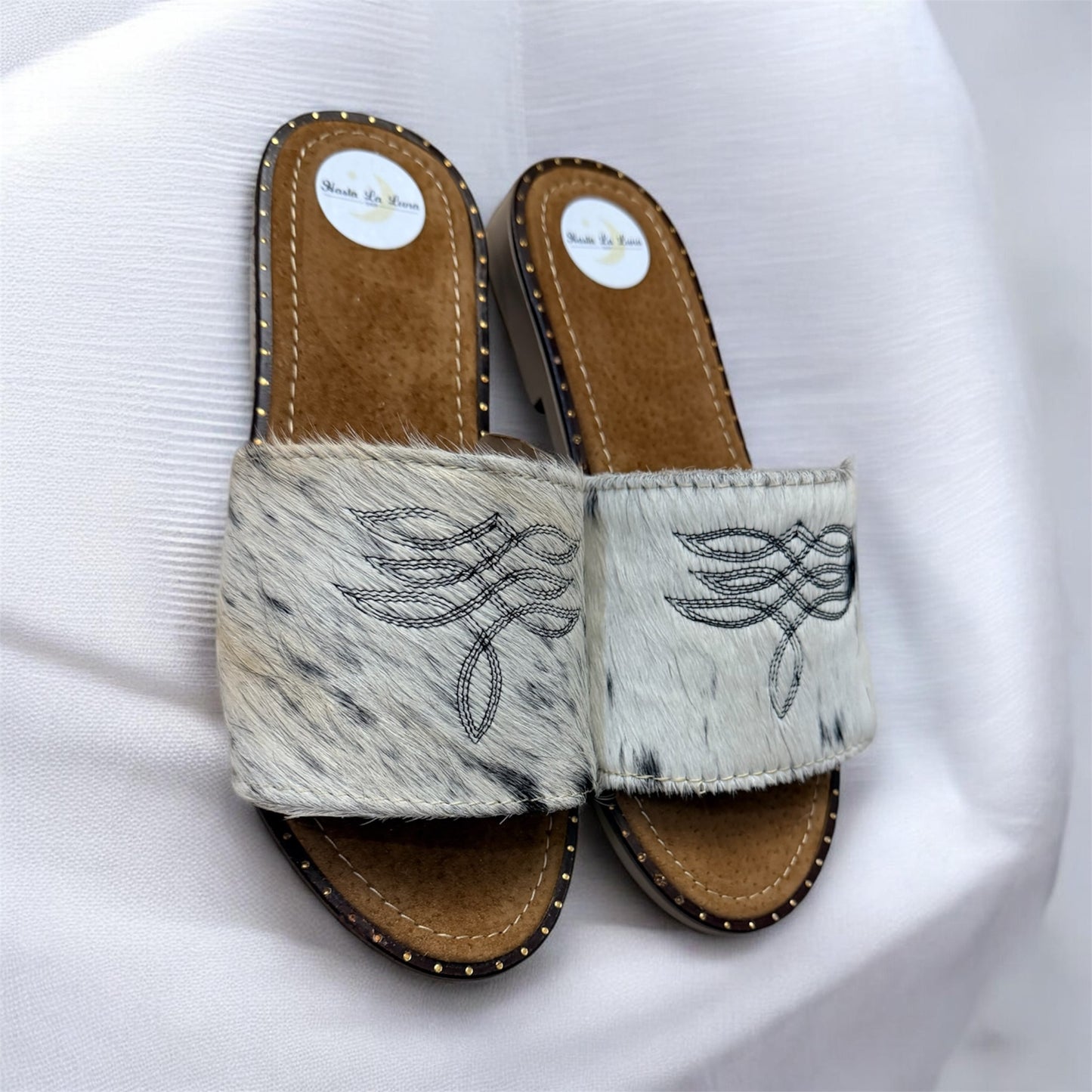 White, Black and Cream Women's Cowhide Sandals