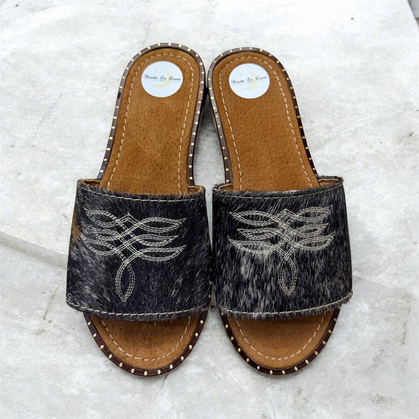 Black, White and Brown Cowhide Sandals (size 7)