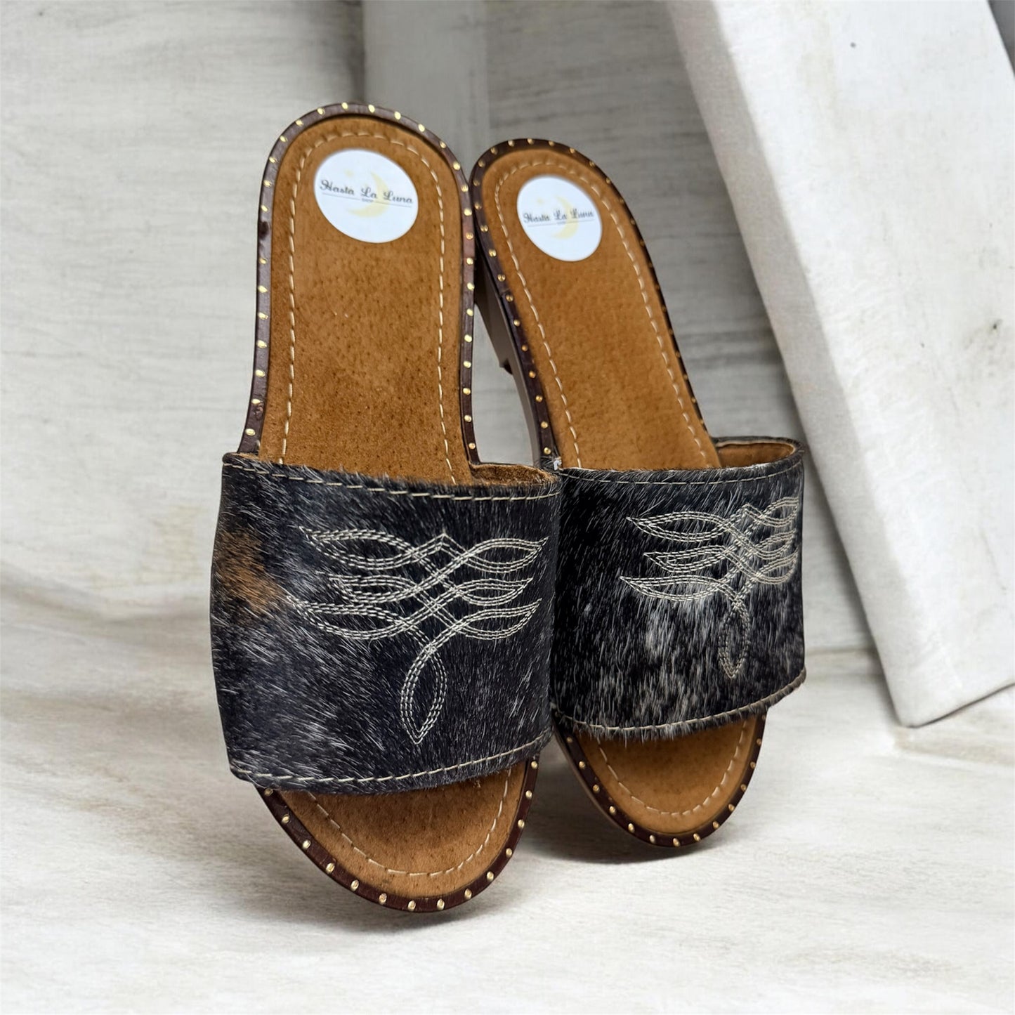 Black, White and Brown Cowhide Sandals (size 7)