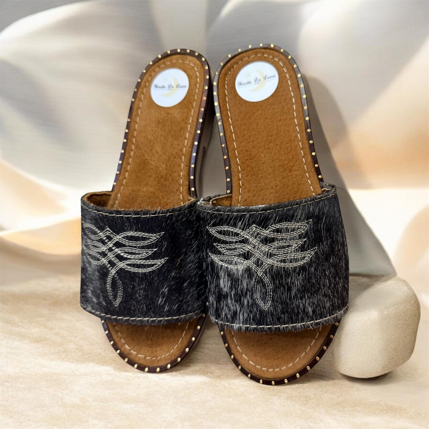 Black, White and Brown Cowhide Sandals (size 7)