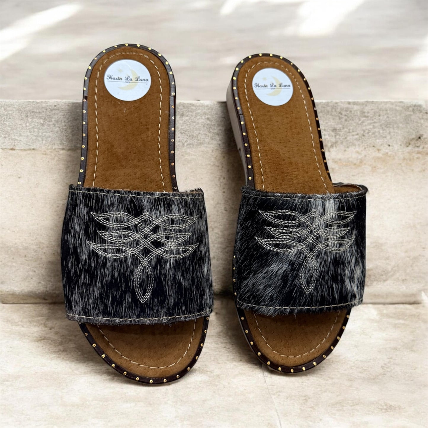 Black and White Cowhide Sandals (size 6)
