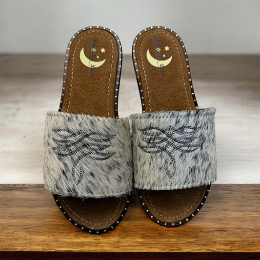 White and Black Cowhide Sandals (size 6)