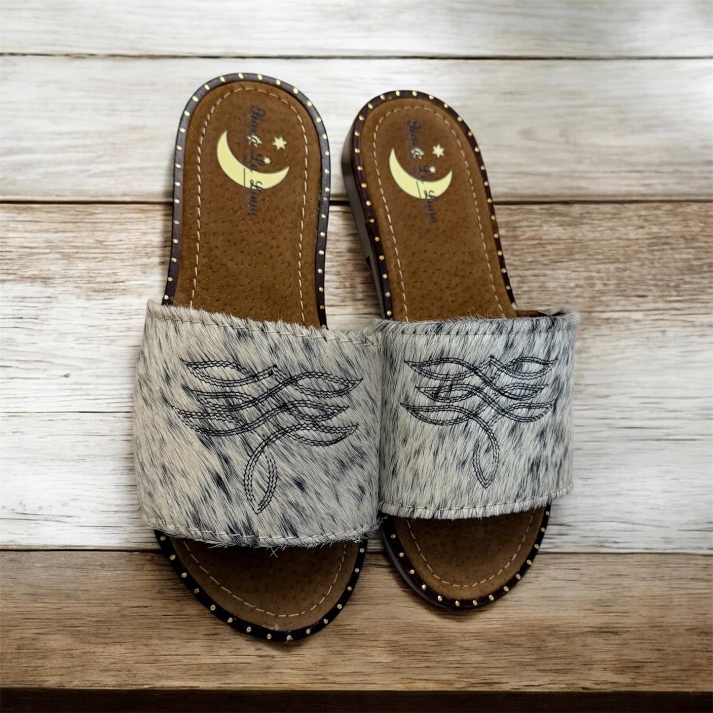White and Black Cowhide Sandals (size 6)