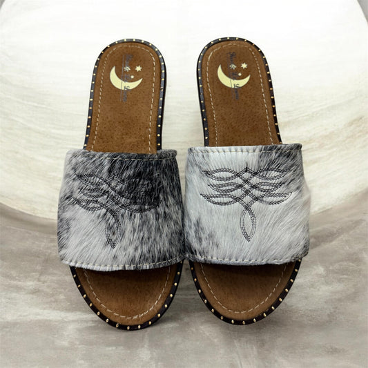 White and Dark Brown Cowhide Sandals (size 8)