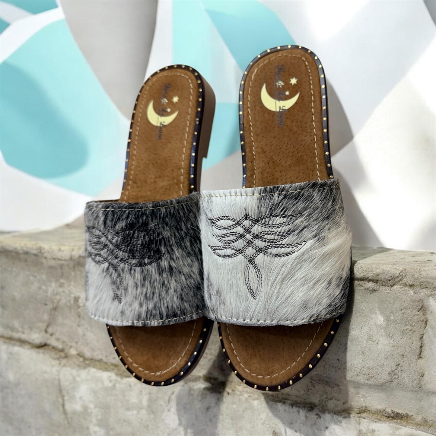 White and Dark Brown Cowhide Sandals (size 8)
