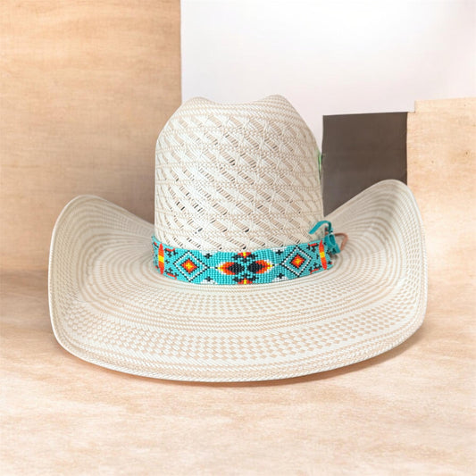 Aqua, Red and Yellow Beaded Hat Band